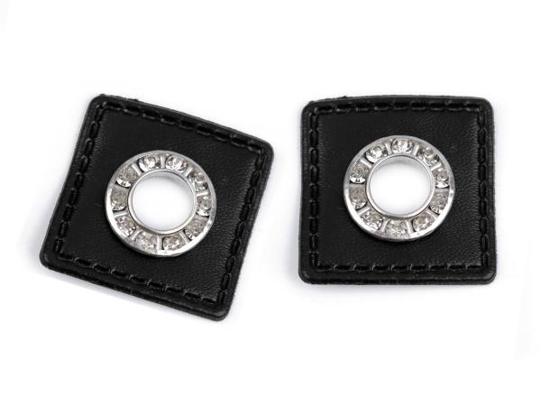 Ösenpatch mit Strass-Steinchen 30x30 mm Schwarz/Silber, Lochdurchmesser 8 mm 